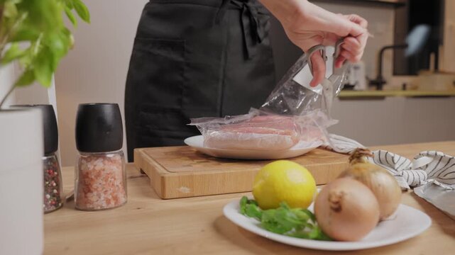 Female hands cutting open plastic packaging with raw chicken fillet on a plate in home kitchen. Concept of food preparation and home cooking