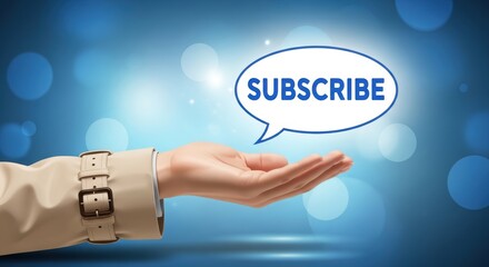 Realistic hand presenting a subscribe notification button floating over a vibrant blue bokeh background perfect for digital marketing and call to action campaigns