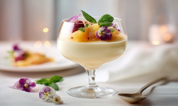 A glass of dessert with a spoon on the side