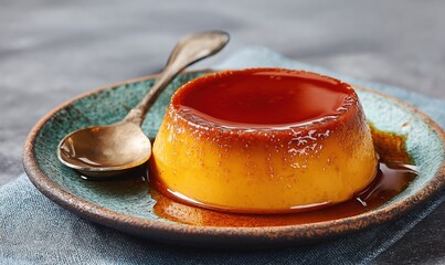 A plate of caramel custard with a spoon on it