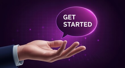 Realistic 3D hand holding a glowing neon speech bubble with Get Started text on a vibrant purple digital background representing initiation and innovation