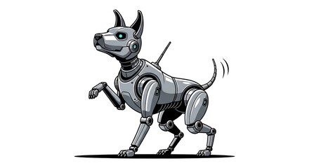 Stylized illustration of a metallic robot dog on a clean white background.