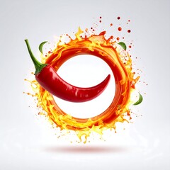 A vibrant red chili pepper encircled by a flaming, fiery liquid splash, on a white backdrop