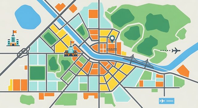 Colorful City Map with River and Green Spaces.