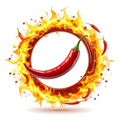 A vibrant red chili pepper encircled by flames and peppercorns against a white background