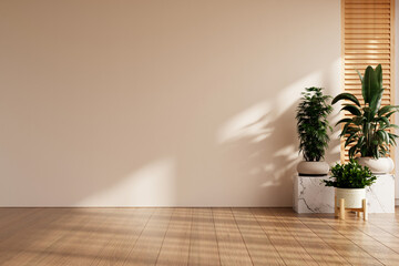 Modern minimalist interior with natural wooden floor and wall panels, decorated with green potted plants in sunlight- 3D rendering