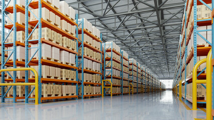 Modern warehouse interior with tall storage racks filled with cardboard boxes. Clean industrial space designed for logistics, inventory management, distribution center- 3D rendering