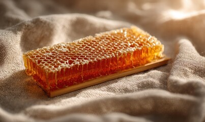 A honeycomb is sitting on a white cloth