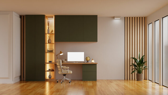 Modern home office interior with wooden floor, desk workspace, storage cabinet, and warm lighting- 3D rendering