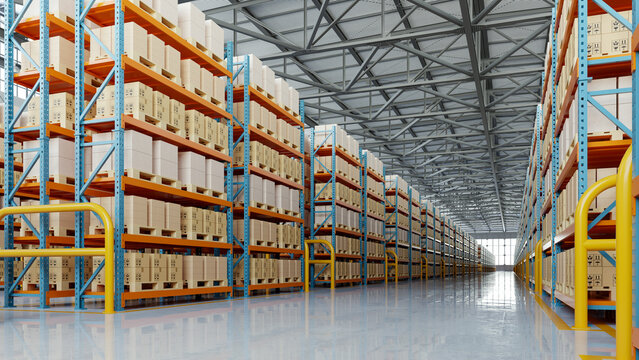 Modern warehouse interior with tall storage racks filled with cardboard boxes. Clean industrial space designed for logistics, inventory management, distribution center- 3D rendering
