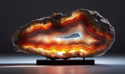 Agate slice with banded pattern backlit on a glass stand