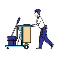 清掃カートを押して業務にあたる清掃員の男性イラスト｜ビルや施設で働くサービススタッフの仕事風景を表現したシンプルで使いやすい人物素材