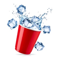 A vibrant, red cup angled, as water splashes up with ice cubes around it, white backdrop