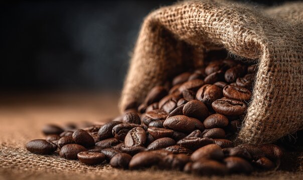 A bag of coffee beans is spilling out onto a table