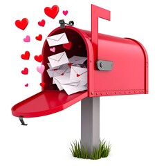 A vibrant red mailbox overflows with envelopes and floating hearts. Symbolic of love