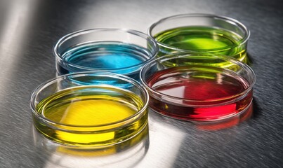 Four glass beakers with different colored liquids in them