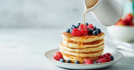 Stack of pancakes with fresh berries and maple syrup being poured from a pitcher for breakfast or brunch on a light background tabletop