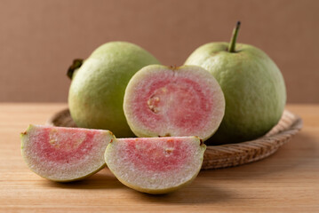 Guava fruit on wooden background, Tropical fruit 