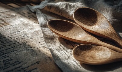 Four wooden spoons are on a table