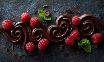 A chocolate swirl with raspberries and mint leaves