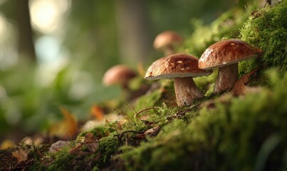 Two mushrooms are on a mossy log