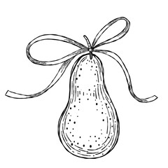 Vector illustration of a hand-drawn pear with a ribbon in black and white line art. Use for gift tags, product labels, cards, or kitchen-themed posters