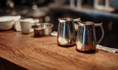 Two pitchers of liquid are on a wooden counter