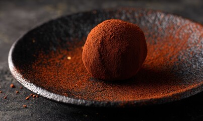 A chocolate covered ball sits on a plate of brown powder