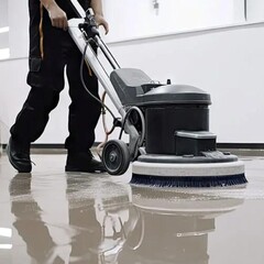 washing the floor with a machine