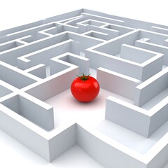 A vibrant red tomato placed within a stark white maze, suggesting a goal