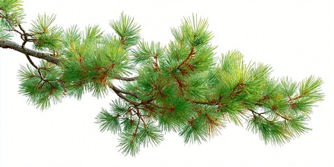 Obraz premium Bright green pine tree branch with long needles set against a pure white background