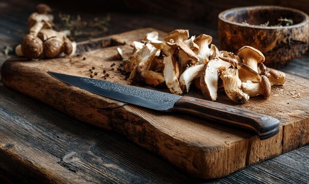 A knife is on a wooden cutting board with mushrooms on it - Powered by Adobe