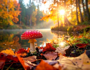 A vibrant red-spotted mushroom stands before a lake, sun shining through autumn trees