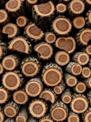 Vertical Closeup of Stacked Firewood Logs Showing Cross Section Texture and Grain Pattern