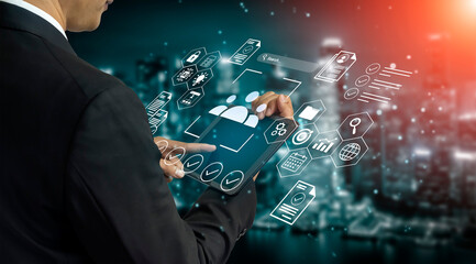 A businessman interacts with a futuristic technology interface, showcasing digital transformation and data analysis in a vibrant urban setting. The image evokes innovation and connectivity. Gantry