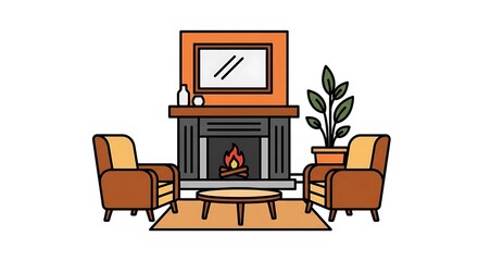 Fototapeta premium Cozy Living Room with Fireplace and Armchairs Illustration.