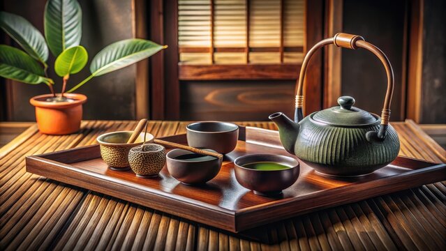 Traditional Japanese tea utensils adorn a beautifully crafted wooden tray
