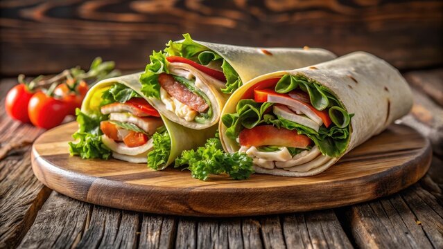 A savory Californiainspired turkey wrap artfully arranged on a rustic wood board