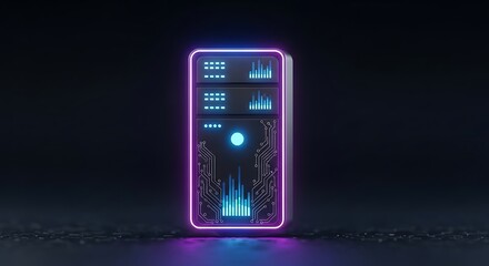 Futuristic Server Rack with Neon Lights and Data Visualization.