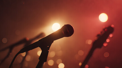 Stage Serenade: Capturing the essence of a live performance, this image showcases a microphone bathed in warm light, accompanied by the silhouette of a guitar.