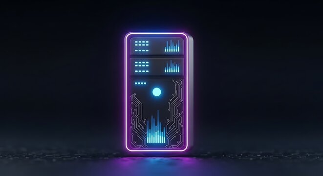 Futuristic Server Rack with Neon Lights and Data Visualization. - Powered by Adobe