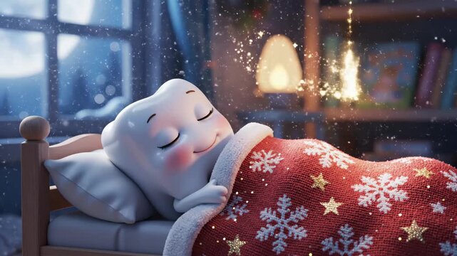 Sleeping Tooth Fairy in Winter - A cartoon tooth character sleeps soundly in a bed covered with a festive red blanket featuring snowflakes and stars.