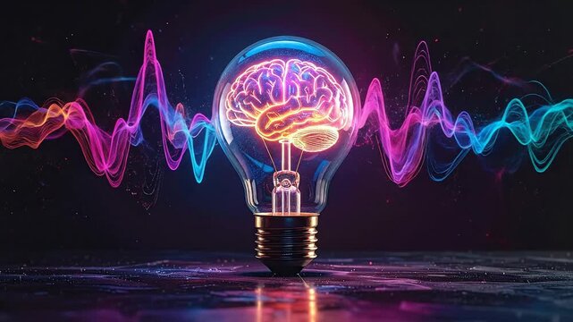 Glowing Brain Inside a Lightbulb with Colorful Waveforms in a Dark Setting