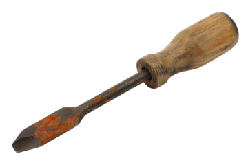 Old rusty screwdriver with wooden handle isolated on transparent background