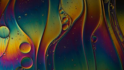 Vibrant colorful oil droplets on water surface with rainbow hues and bubbles floating freely