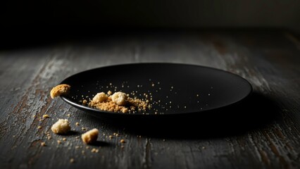 Empty black plate with crumbs on dark wooden table, minimalist still life setup