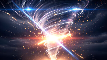 Dynamic energy vortex with glowing particles and light beams in dark