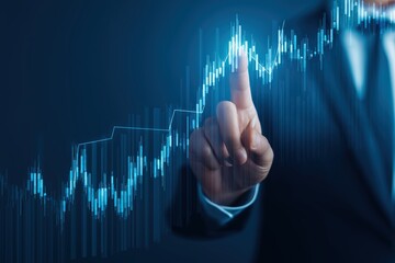 Blue stock market chart with hand pointing upward financial growth graph business investment analysis and economic forecasts digital technology