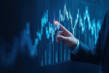 Blue stock market chart with businessman pointing at data financial analysis and investment strategy business and finance concept graph