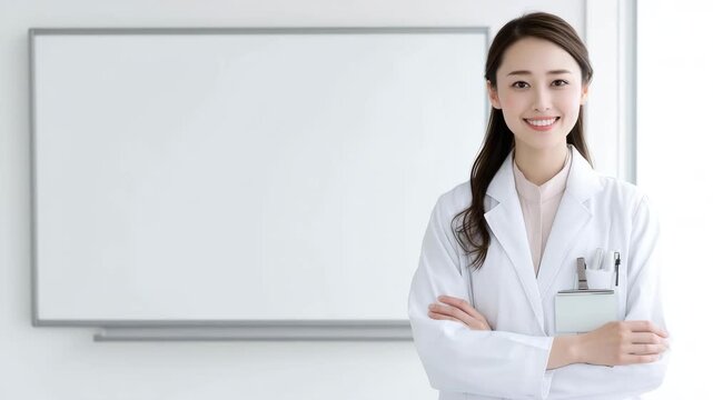 女性がホワイトボードの横で白衣姿のまま、にこやかに立っている様子